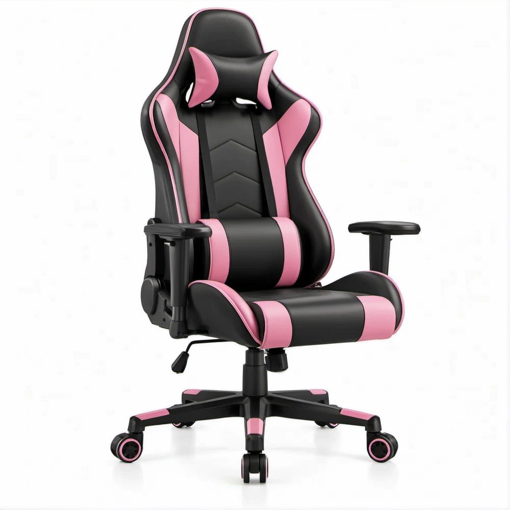 Sedia da gaming ergonomica reclinabile nera e rosa in similpelle PU, 66 x 66 x 122-132 cm