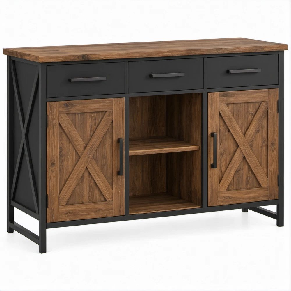 Credenza rustico-industriale noce e nero 120 x 40 x 90 cm con 3 cassetti, 2 ante e vano centrale