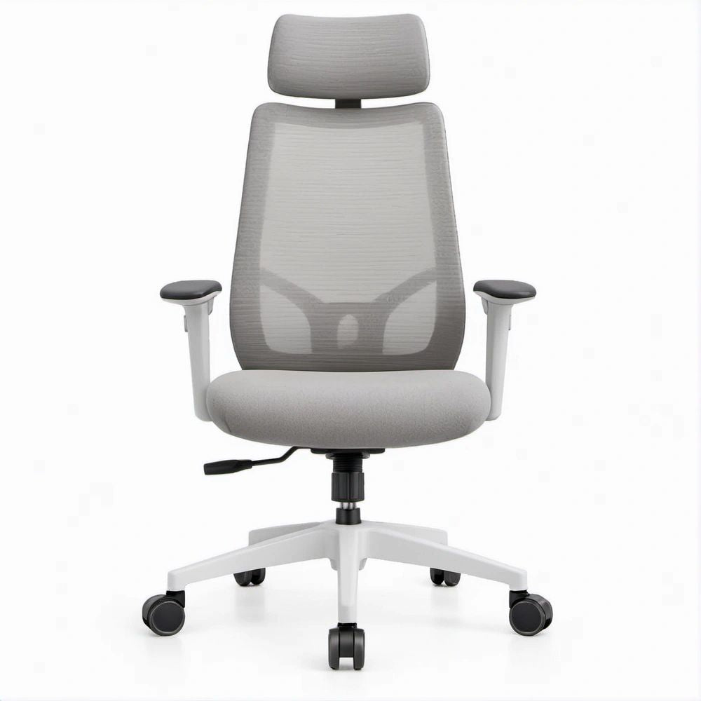 Sedia ergonomica girevole grigio chiaro e nero con rete, poggiatesta e braccioli, 64 x 64 x 118-128 cm