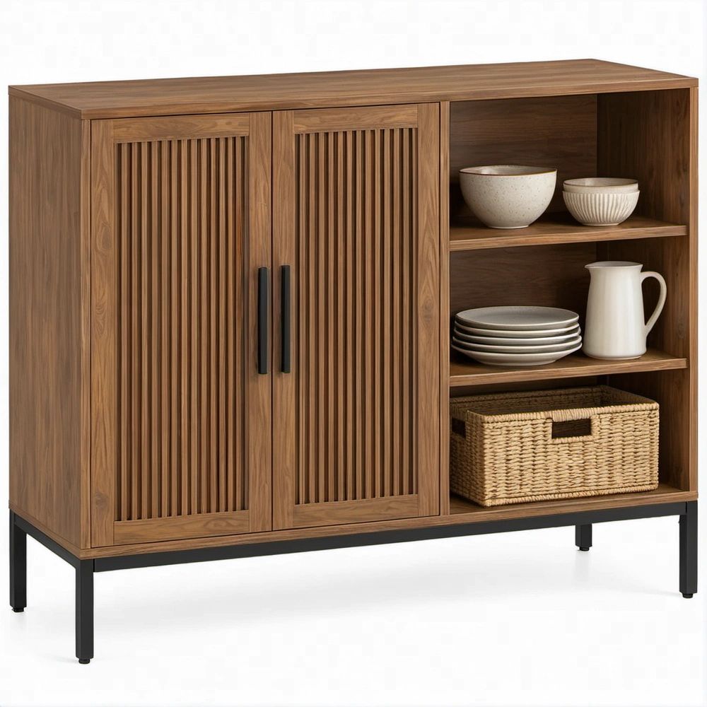 Credenza rettangolare 120 x 40 x 100 cm in MDF effetto noce con ante scanalate e ripiani aperti