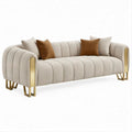 Divano lineare a 3 posti in bouclé beige con dettagli dorati, 220 x 90 x 75 cm