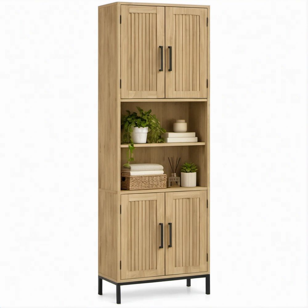 Mobile contenitore alto effetto rovere naturale e nero con 4 ante e ripiani a giorno, 80 x 40 x 180 cm