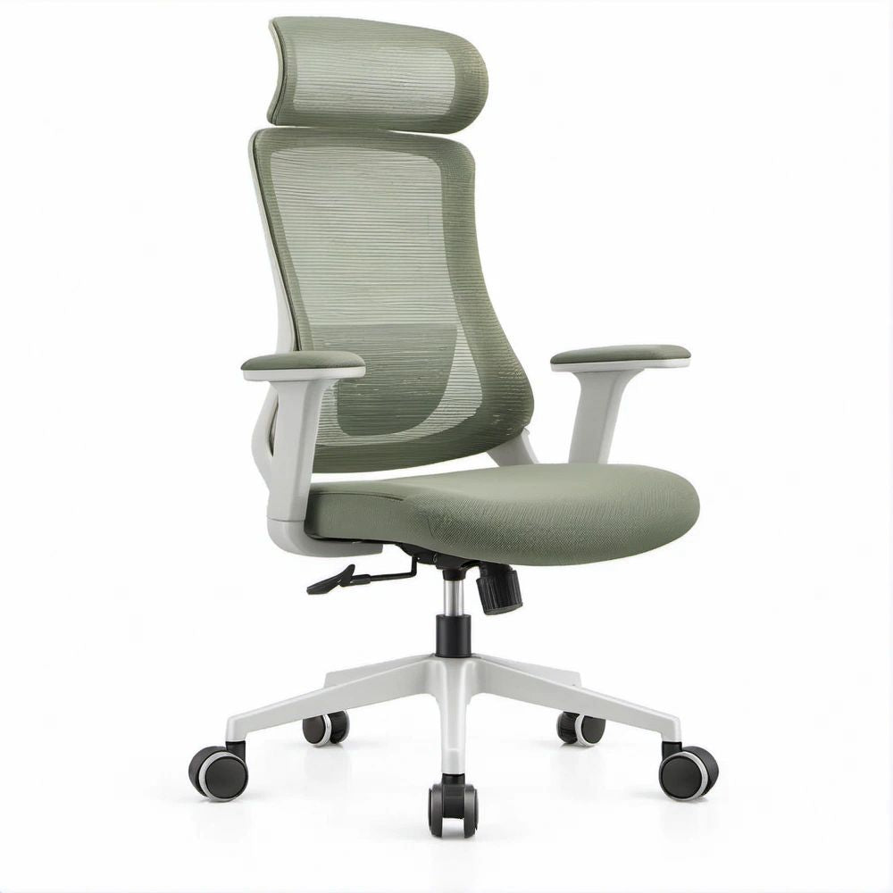 Sedia da ufficio ergonomica girevole verde salvia e grigio chiaro con poggiatesta, 66 x 66 x 118-128 cm