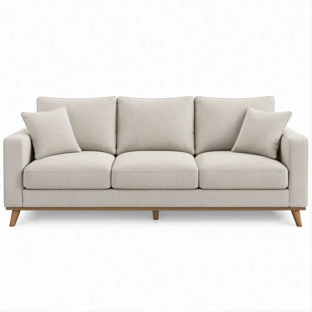 Divano 3 posti beige con gambe in legno massello, 220 x 90 x 85 cm