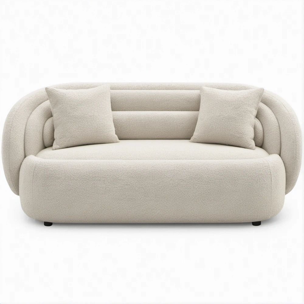 Divano 2 posti arrotondato in tessuto bouclé crema con cuscini, 170 x 90 x 75 cm