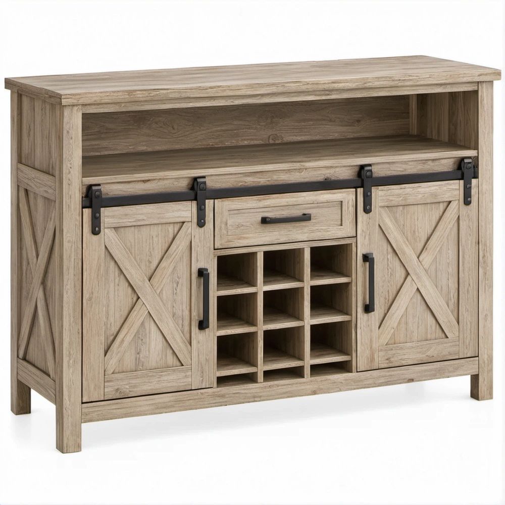 Credenza in MDF effetto rovere chiaro e nero, 120 x 45 x 100 cm, con ante scorrevoli, cassetto e 12 scomparti