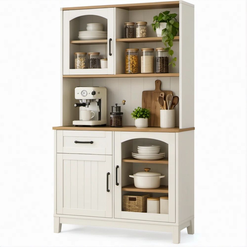 Mobile da cucina alto bianco e rovere con ripiani, ante e cassetti, 90 x 40 x 190 cm