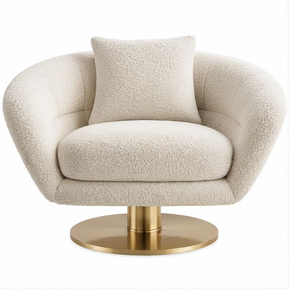 Poltrona girevole bouclé Crema e Oro con base in acciaio, 86 x 78 x 75 cm