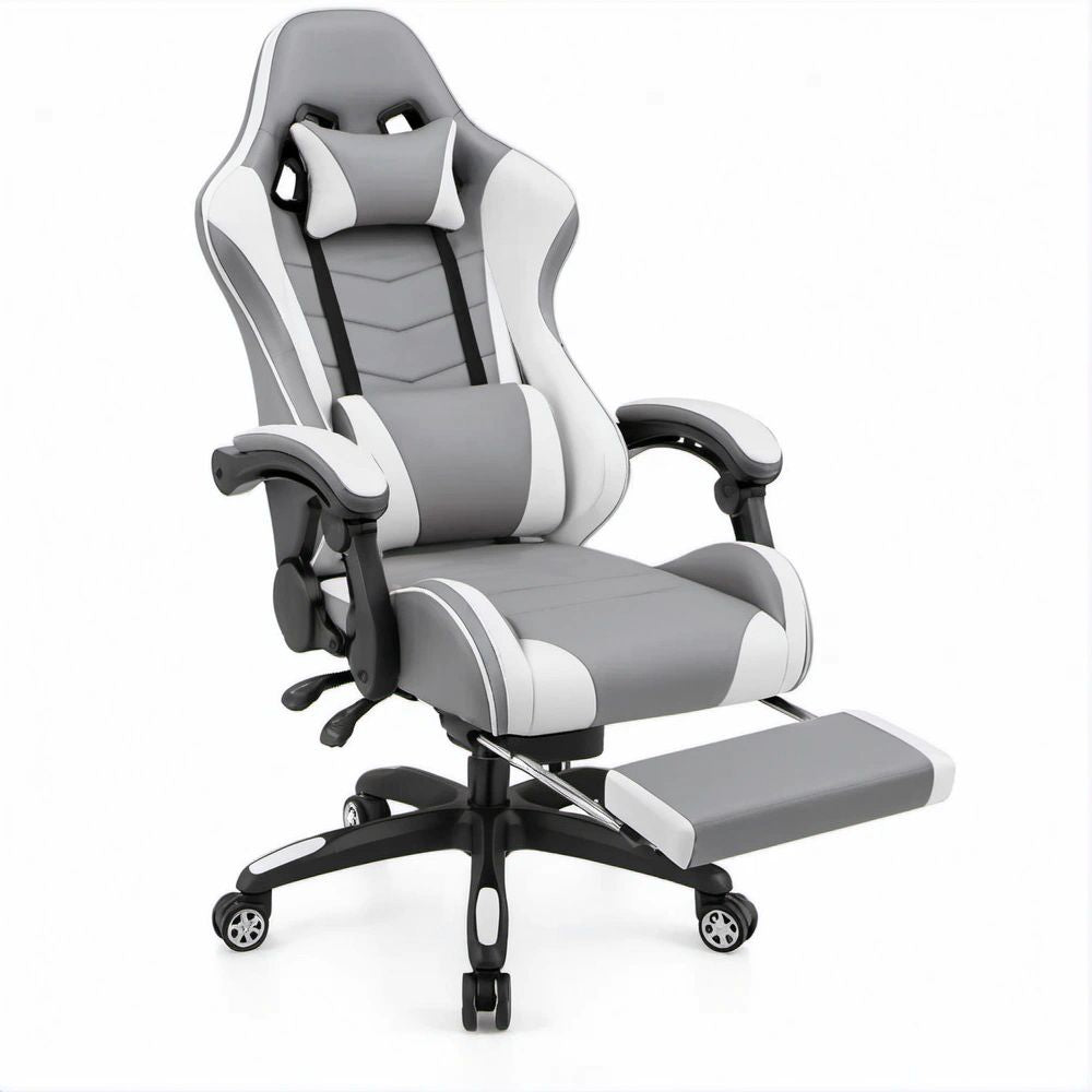 Sedia ergonomica reclinabile grigia, bianca e nera con poggiapiedi estraibile, 66 x 66 x 125-135 cm
