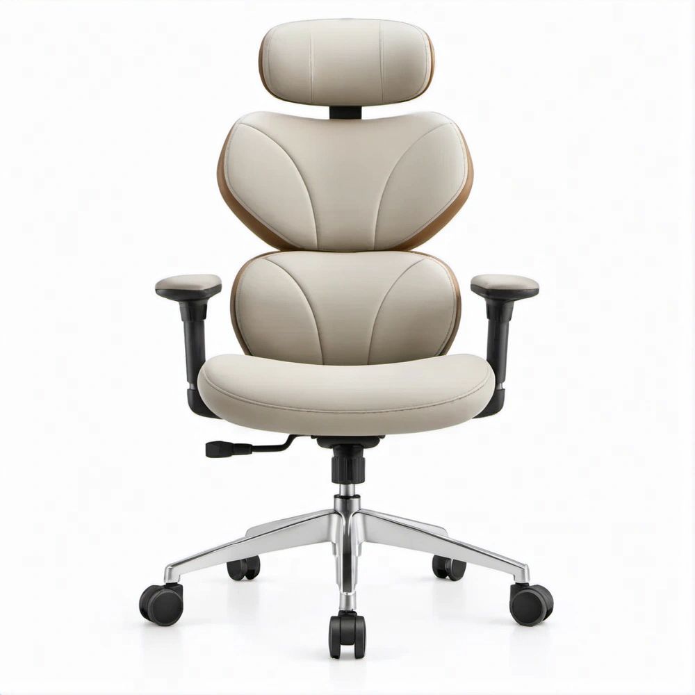 Sedia ergonomica beige con poggiatesta, braccioli e base girevole 68 x 68 x 118-128 cm
