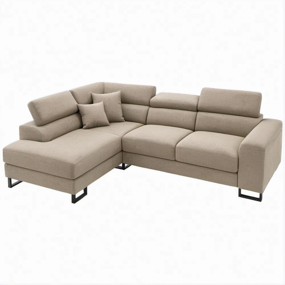 Divano angolare con penisola sinistra beige e piedi neri, 280 x 160 x 90 cm