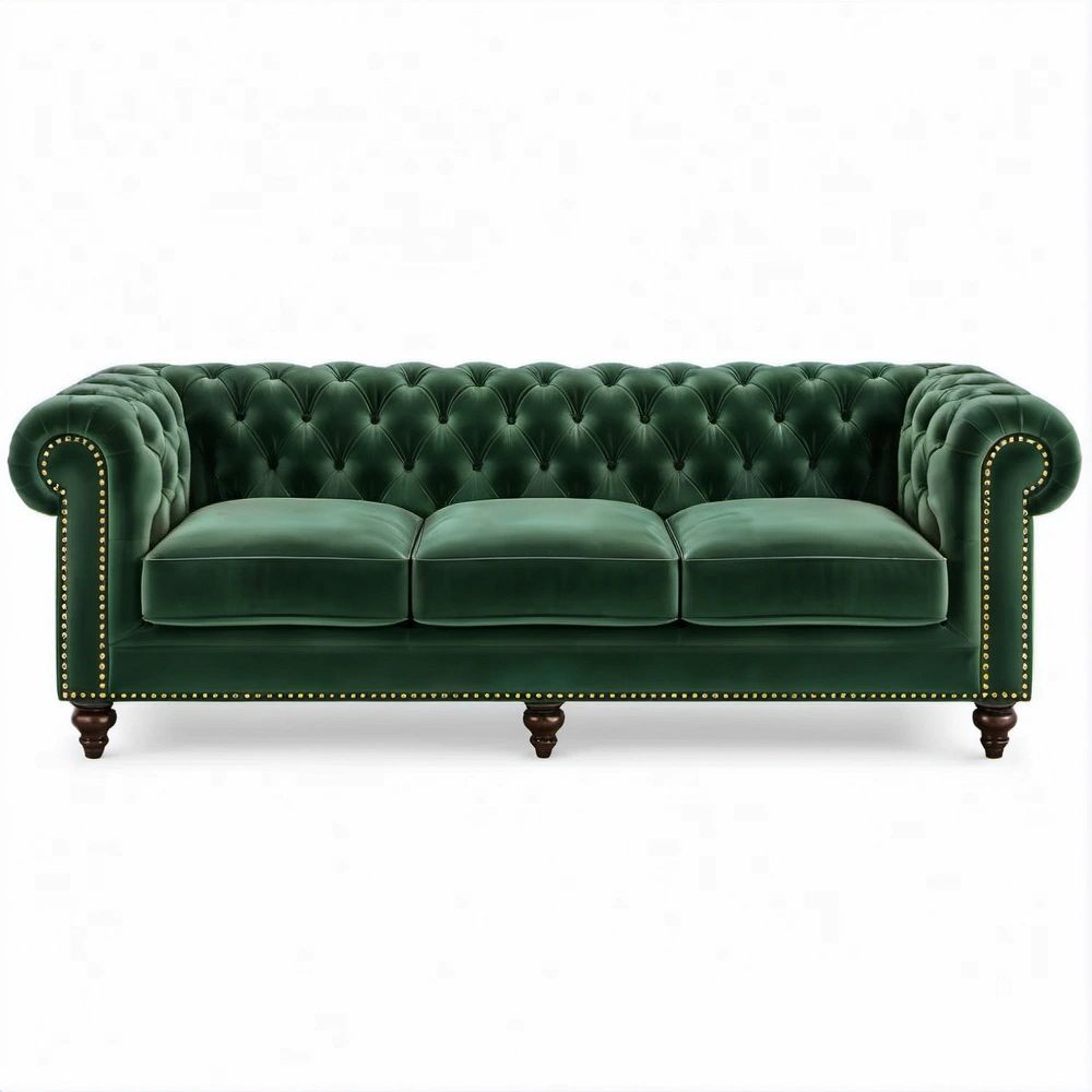 Divano Chesterfield lineare 3 posti in velluto verde scuro, 220 × 90 × 78 cm