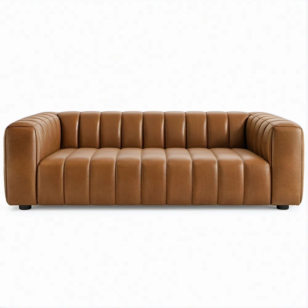 Divano lineare a 3 posti in pelle sintetica PU cognac, 218 x 90 x 73 cm