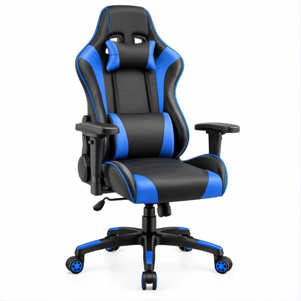 Sedia gaming ergonomica in pelle sintetica PU nero e blu, 68 x 68 x 118-128 cm