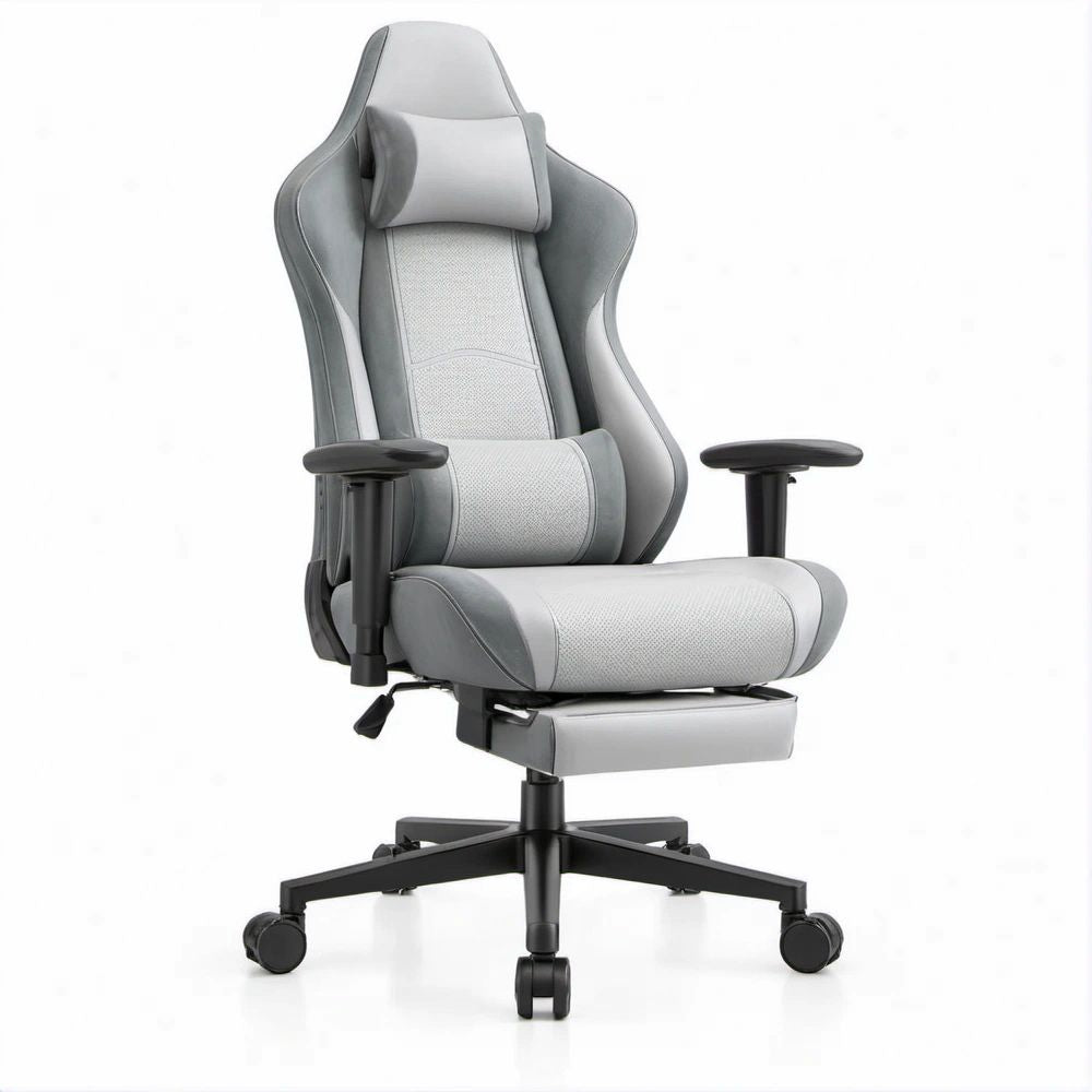 Poltrona gaming ergonomica grigio chiaro e grigio scuro con poggiapiedi estraibile, 68 x 70 x 122-132 cm